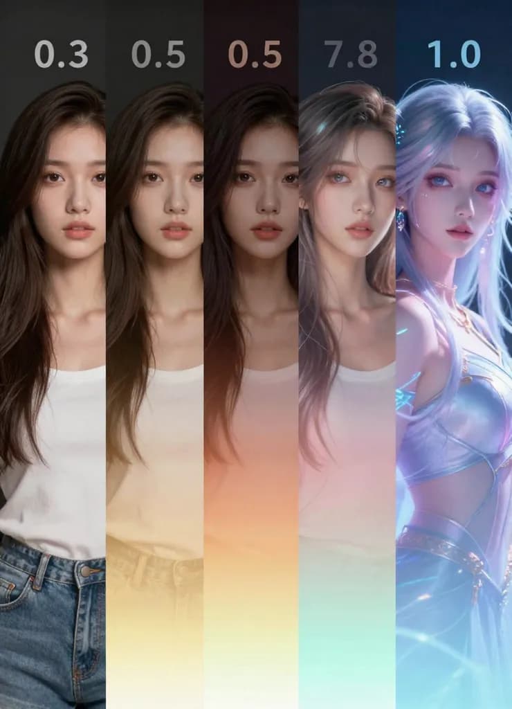 나노 바나나 2 AI 강도 슬라이더: 미묘함(0.3)부터 격렬함(1.0)까지의 변환 레벨, 정밀 제어