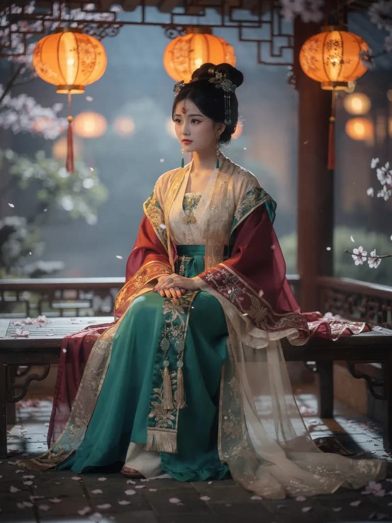 Woman in traditional Chinese hanfu sitting in a moonlit pavilion with floating lanterns, demonstrating Nano Banana 2 AI style preservation across diverse visual genres