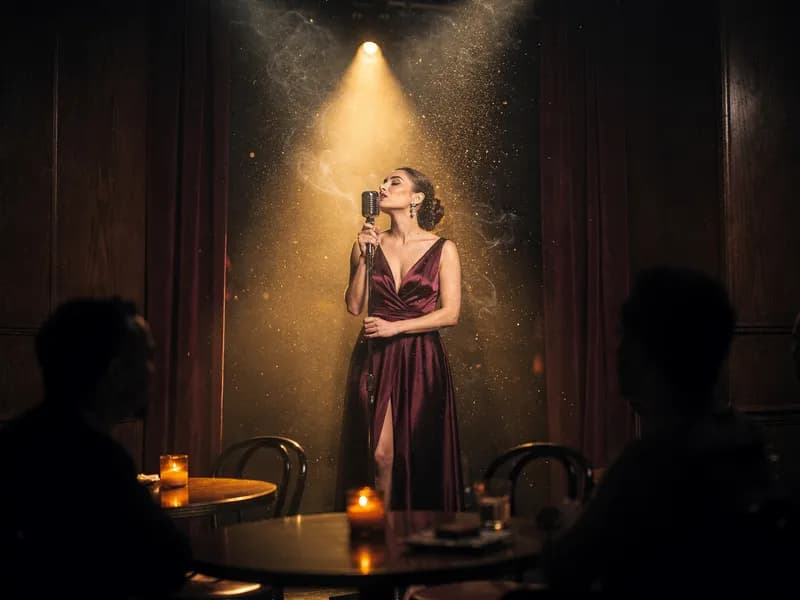 Jazz singer performing under warm amber spotlight in a smoky club, representing Nano Banana 2 AI built-in audio generation feature