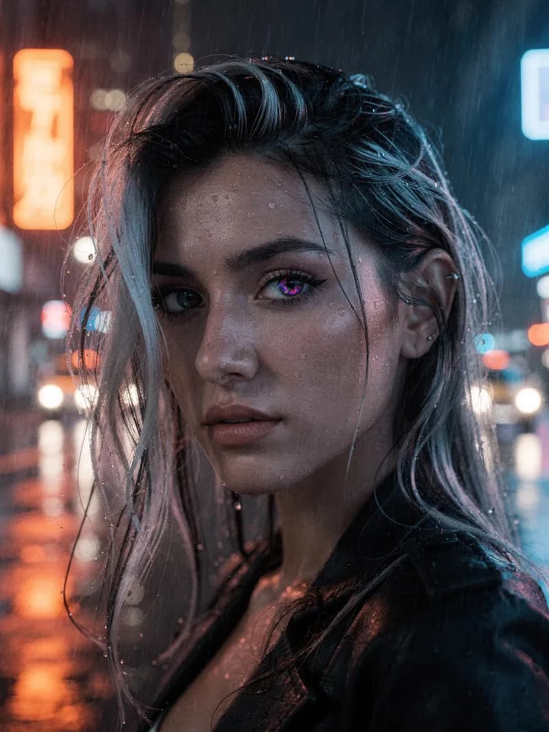 Close-up portrait of a woman with silver-streaked hair on a rain-soaked neon city street, demonstrating Nano Banana 2 AI identity preservation across video frames