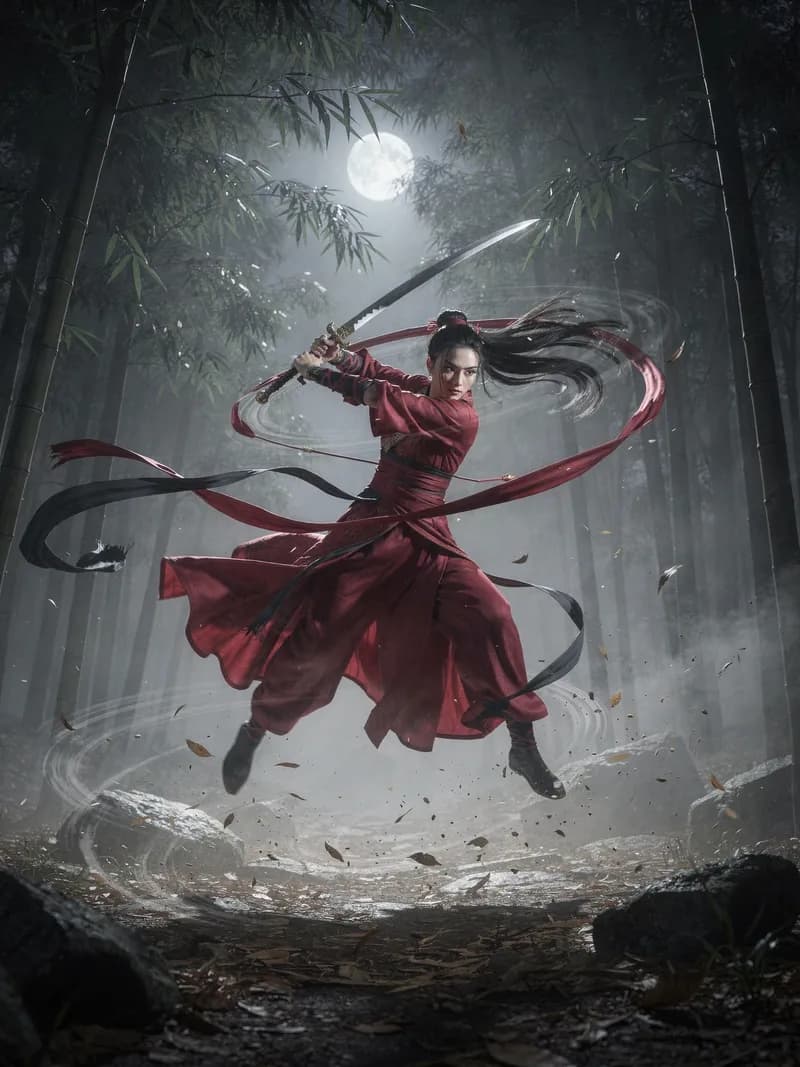Wuxia warrior in crimson silk robes performing an aerial sword strike in a misty bamboo forest, showcasing Nano Banana 2 AI natural motion synthesis