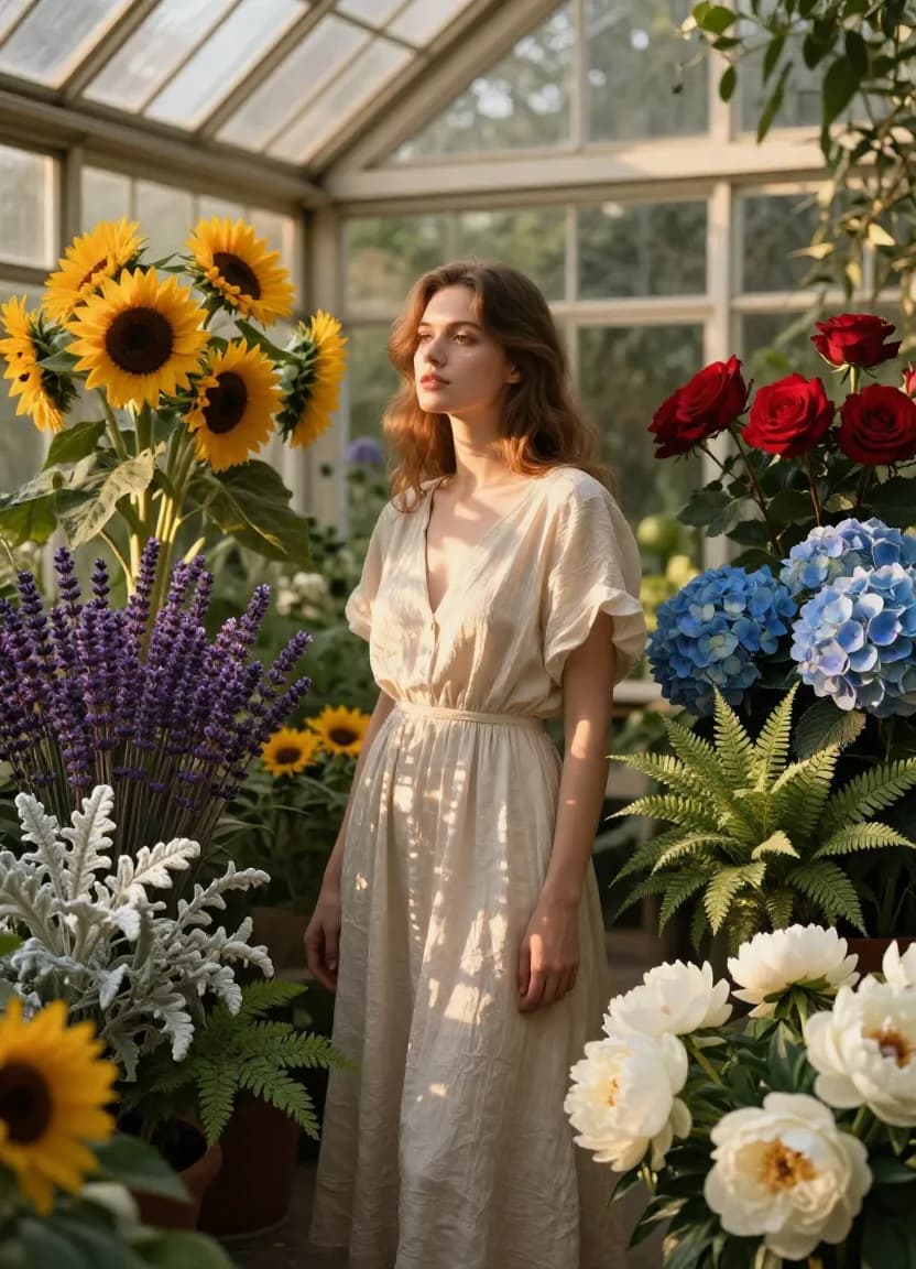 Breathtaking woman in an ethereal gown illuminated by seven converging beams of colored light, each representing a prompt dimension