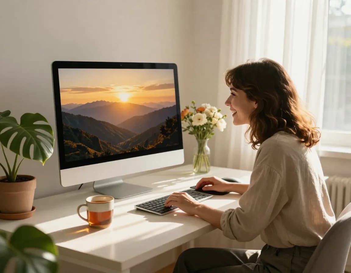 Confident woman at a desk surrounded by multiple screens showing AI-generated images in different styles