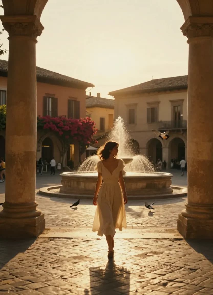 Woman in red gown walking through a cathedral with perfect leading lines, demonstrating masterful composition techniques