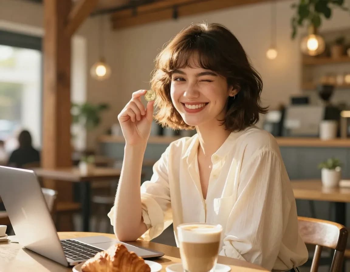 Chic woman with a dark bob holding up a tiny golden coin with a playful wink, representing affordable generation