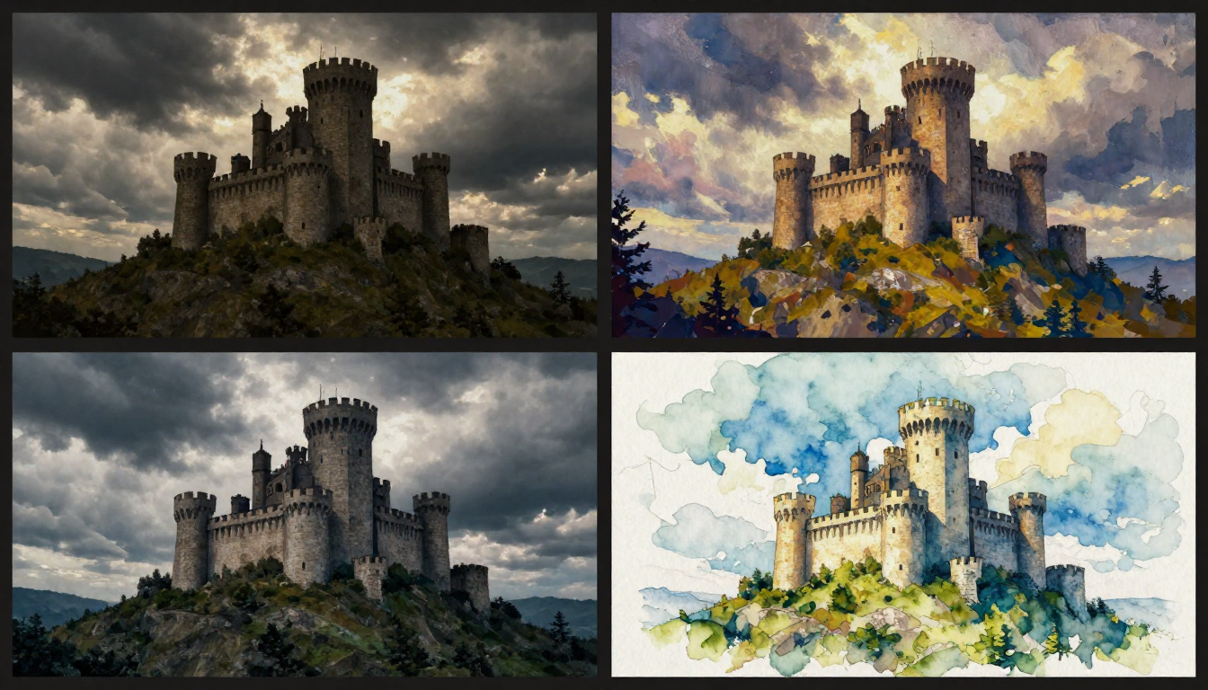 Four different artistic interpretations of a medieval castle scene showing photorealistic, concept art, pixel art, and watercolor styles generated by AI