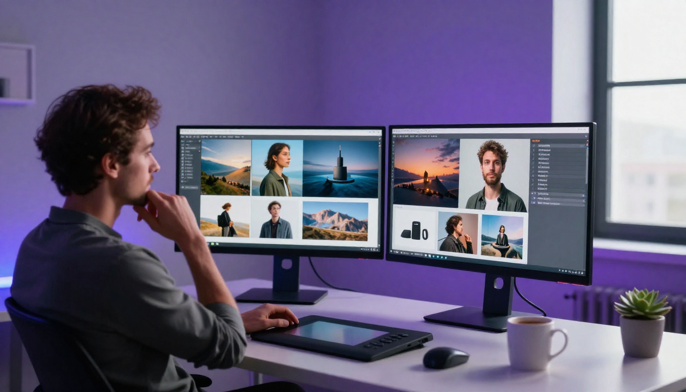 Professional designer at a dual-monitor workstation reviewing AI-generated images in a modern studio with blue-purple ambient lighting