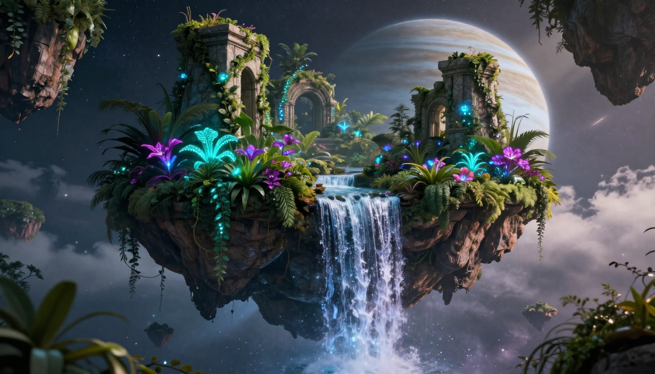 Surreal floating island garden suspended in a starlit cosmic sky with bioluminescent flowers, crystal waterfalls, and ancient ruins, showcasing AI fantasy art generation