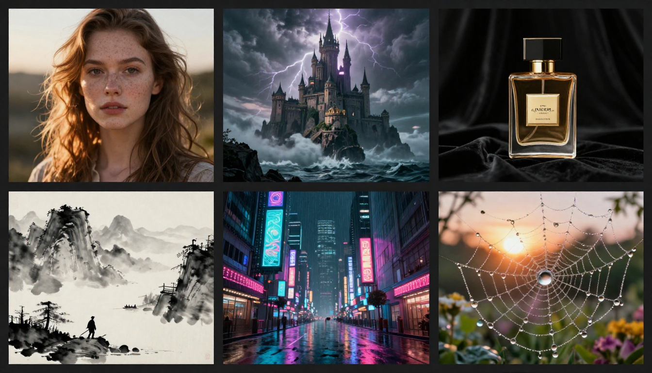 Gallery showcasing six different AI-generated images across multiple styles including photorealistic portraits, fantasy landscapes, product photography, ink painting, cyberpunk scenes, and macro nature photography