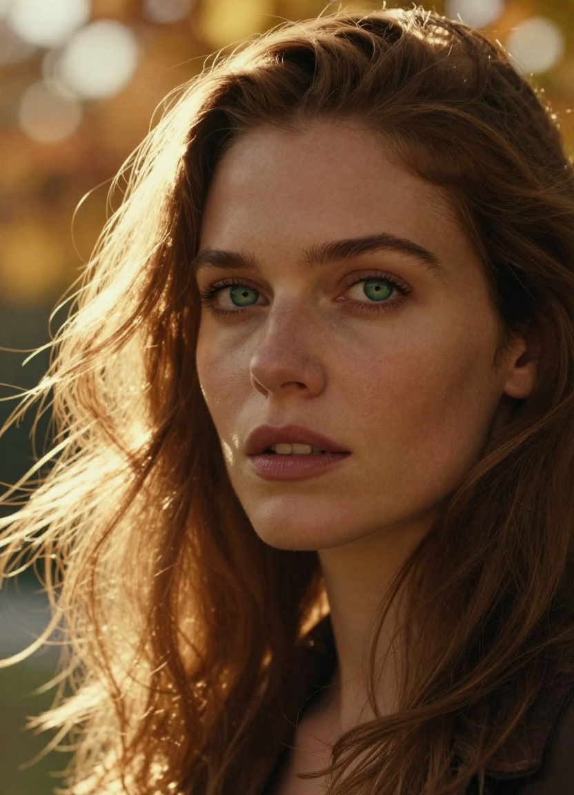 Ultra-realistic AI-generated cinematic portrait of a woman with golden backlight streaming through auburn hair, demonstrating the photorealistic quality achievable with modern AI image generators