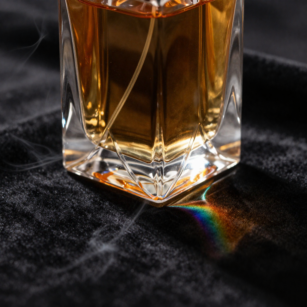 Luxury perfume bottle photographed on black velvet with dramatic side lighting and prismatic light refraction, demonstrating AI product photography capabilities