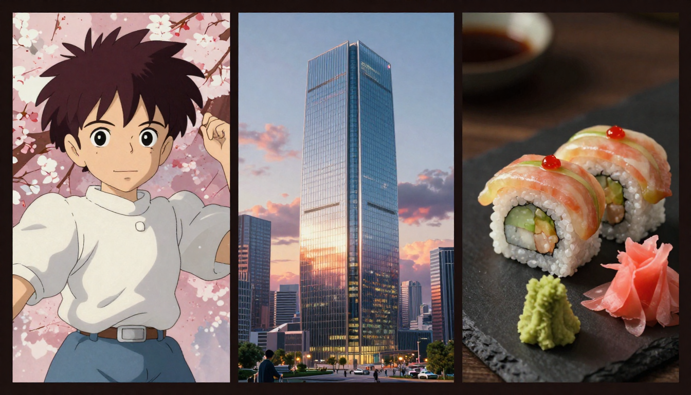 Three AI-generated images showing different creative genres side by side — Japanese anime character, futuristic architectural rendering, and gourmet sushi food photography