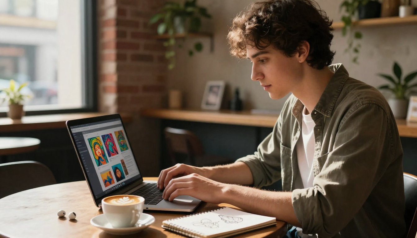 College student creating AI images on a laptop in a sunny coffee shop, with AI artworks visible on screen, representing the accessibility of free AI image generators