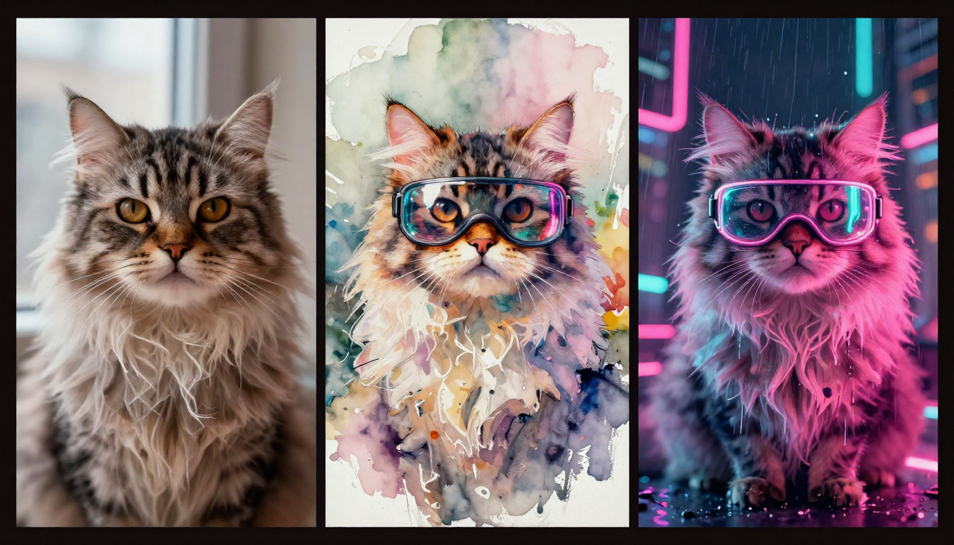 Three AI-generated portraits of the same Persian cat in different styles — photorealistic, watercolor, and cyberpunk — showing free style variation capabilities