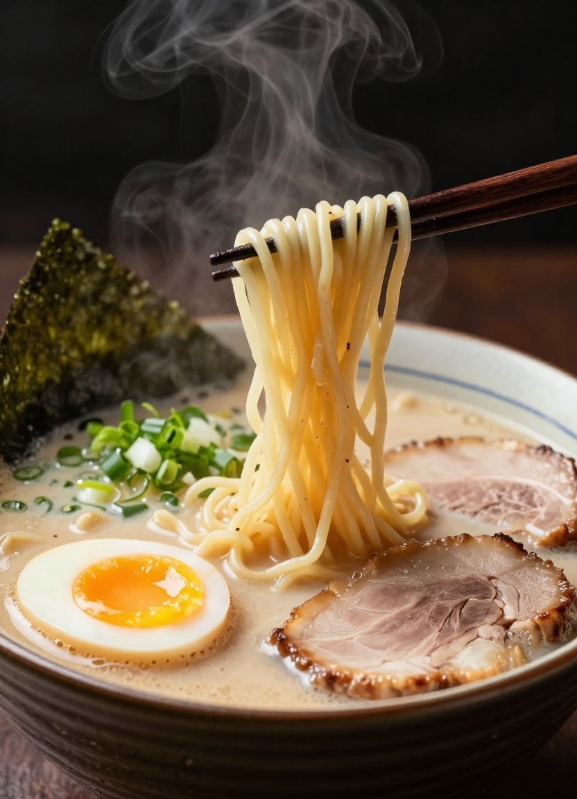 Mouth-watering close-up of Japanese tonkotsu ramen with steam rising, chopsticks lifting noodles, showing the quality achievable with free AI food photography generation