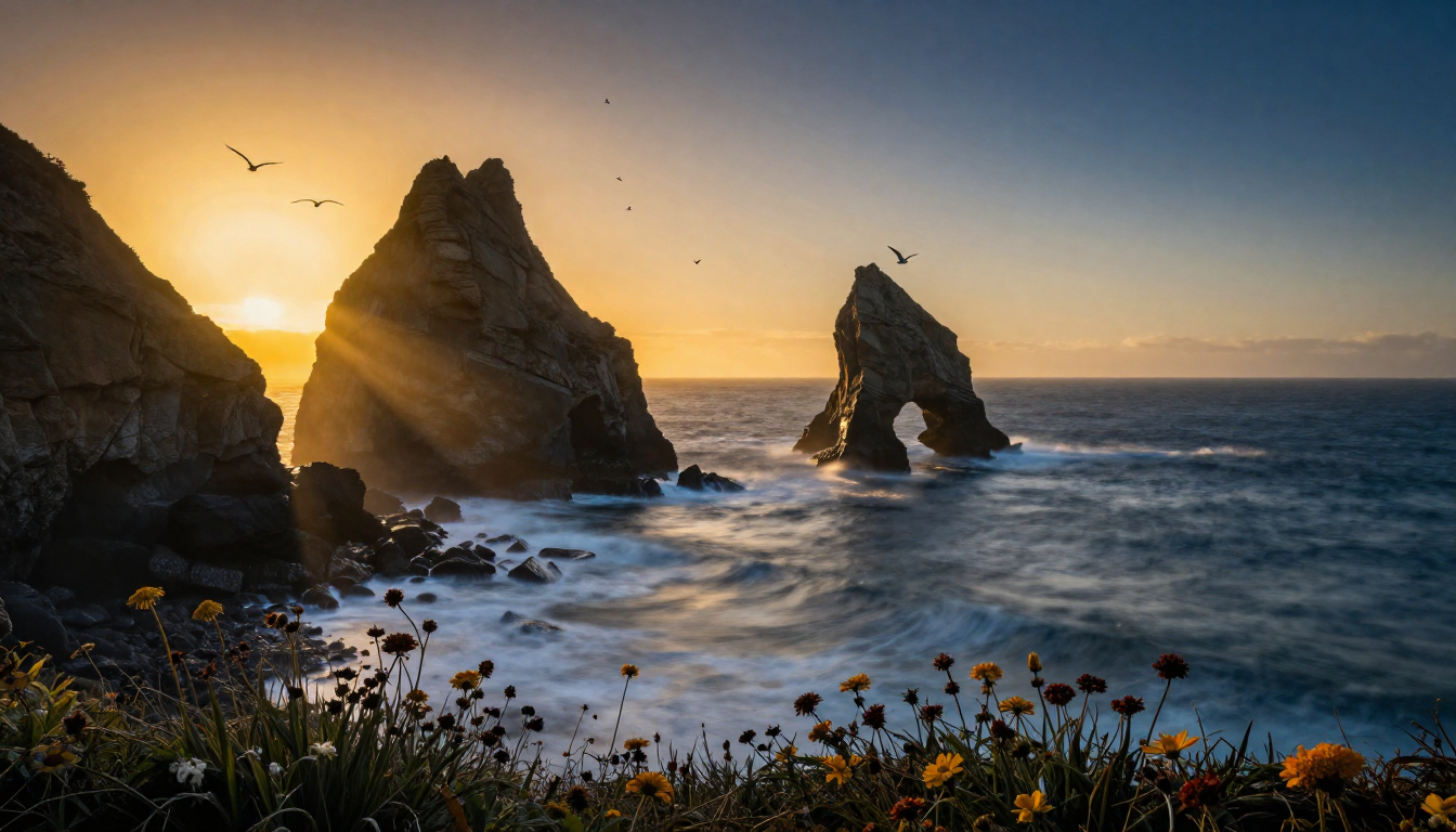 Cinematic golden hour seascape with dramatic rocky coastline, crashing waves, and wildflowers silhouetted against a sunset sky, generated for free with AI