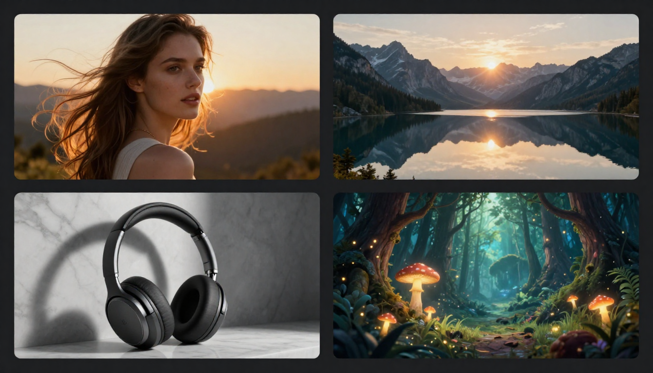 Gallery of four high-quality AI-generated images showcasing portrait, landscape, product, and illustration styles achievable with free AI image generators