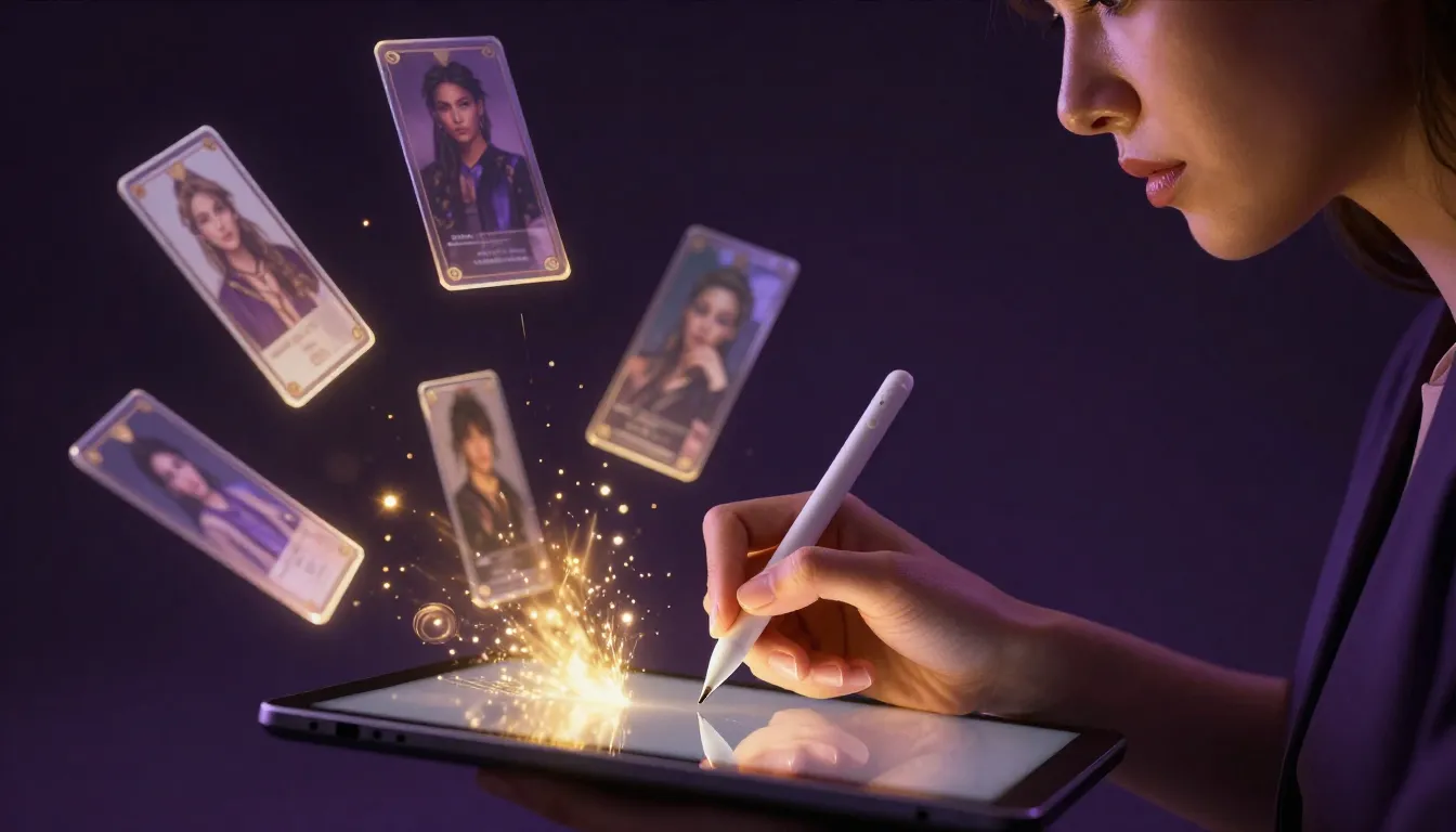 一位艺术家被浮动的 AI 生成图片环绕，展示从简短想法到完成作品的创作流程