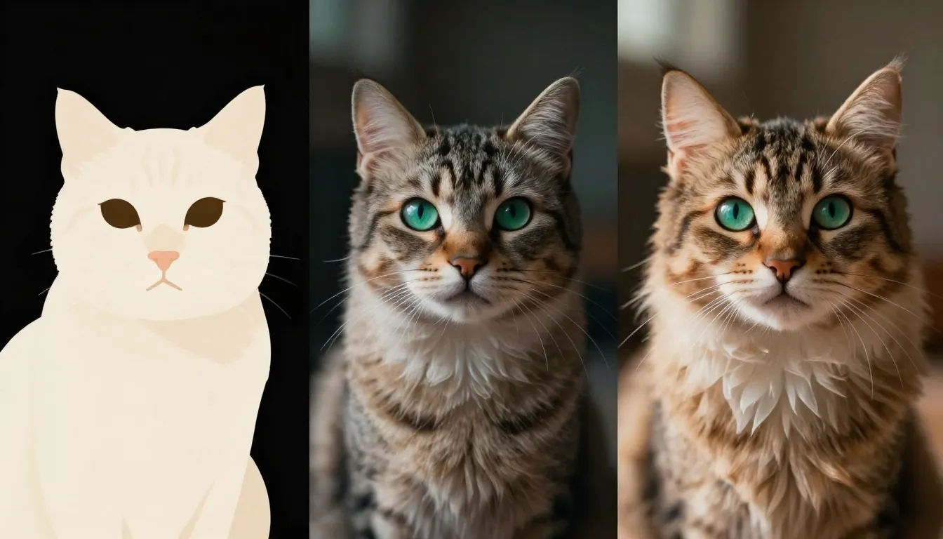 猫咪肖像提示词的三轮迭代对比，从基础版 V1 到精修版 V2 再到打磨版 V3，画质逐步大幅提升