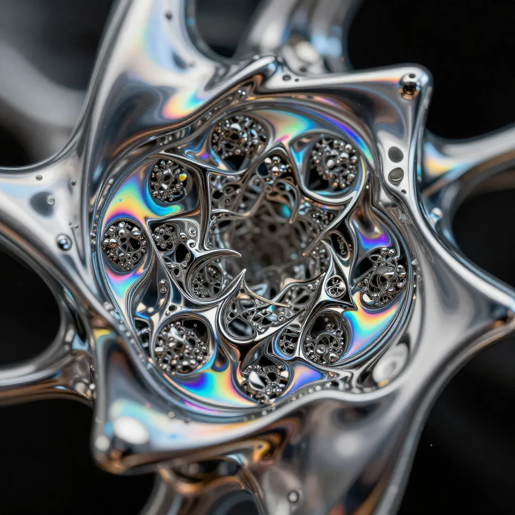 나노 바나나 2 AI 생성 추상 초현실주의 예술, 액체 크롬 금속 유기 형태와 무지개 프랙탈 패턴