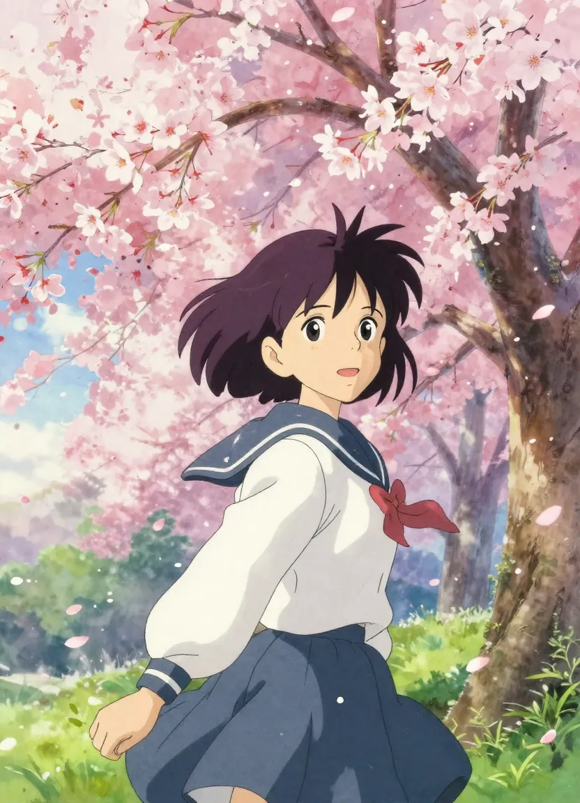 나노 바나나 2로 생성된 애니메이션 스타일 일러스트, 소녀가 만개한 벚나무 아래 서 있고, 지브리식 따뜻한 색조