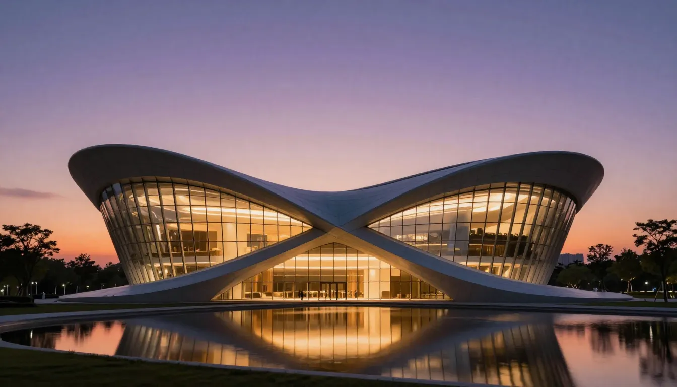 나노 바나나 2가 생성한 현대적 파라메트릭 건축, 유선형 곡면, 유리 커튼월, 황혼 속의 따뜻한 내부 조명