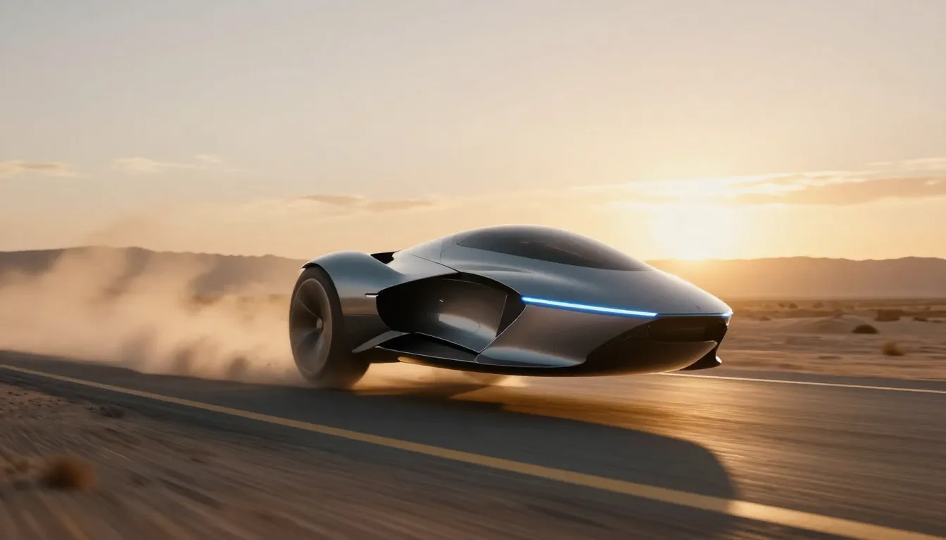 나노 바나나 2가 생성한 미래형 공중 부양 오토바이 컨셉 아트, 사막 석양 배경, 산업 디자인 디테일
