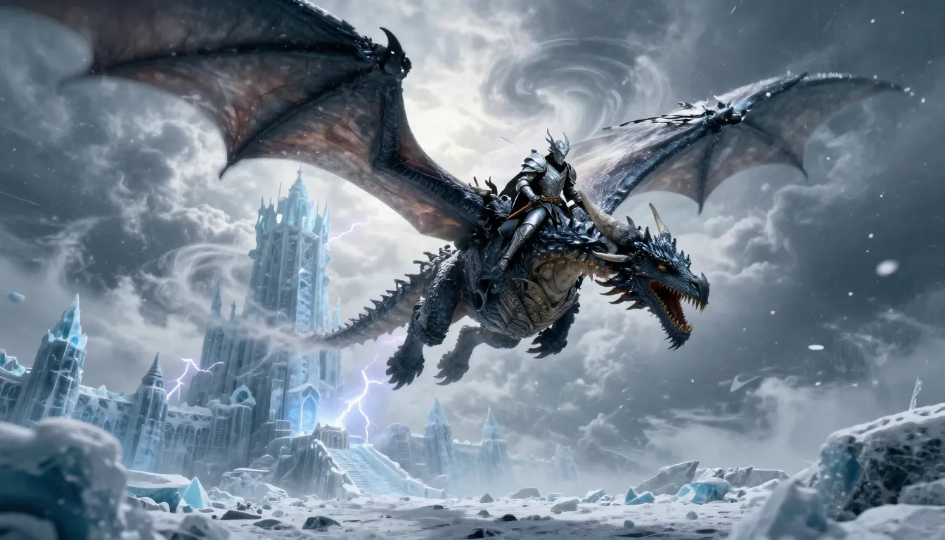 나노 바나나 2가 생성한 환상적인 예술, 용기사가 수정 얼음 성 위를 날아오르고, 하늘에는 오로라가 반짝인다
