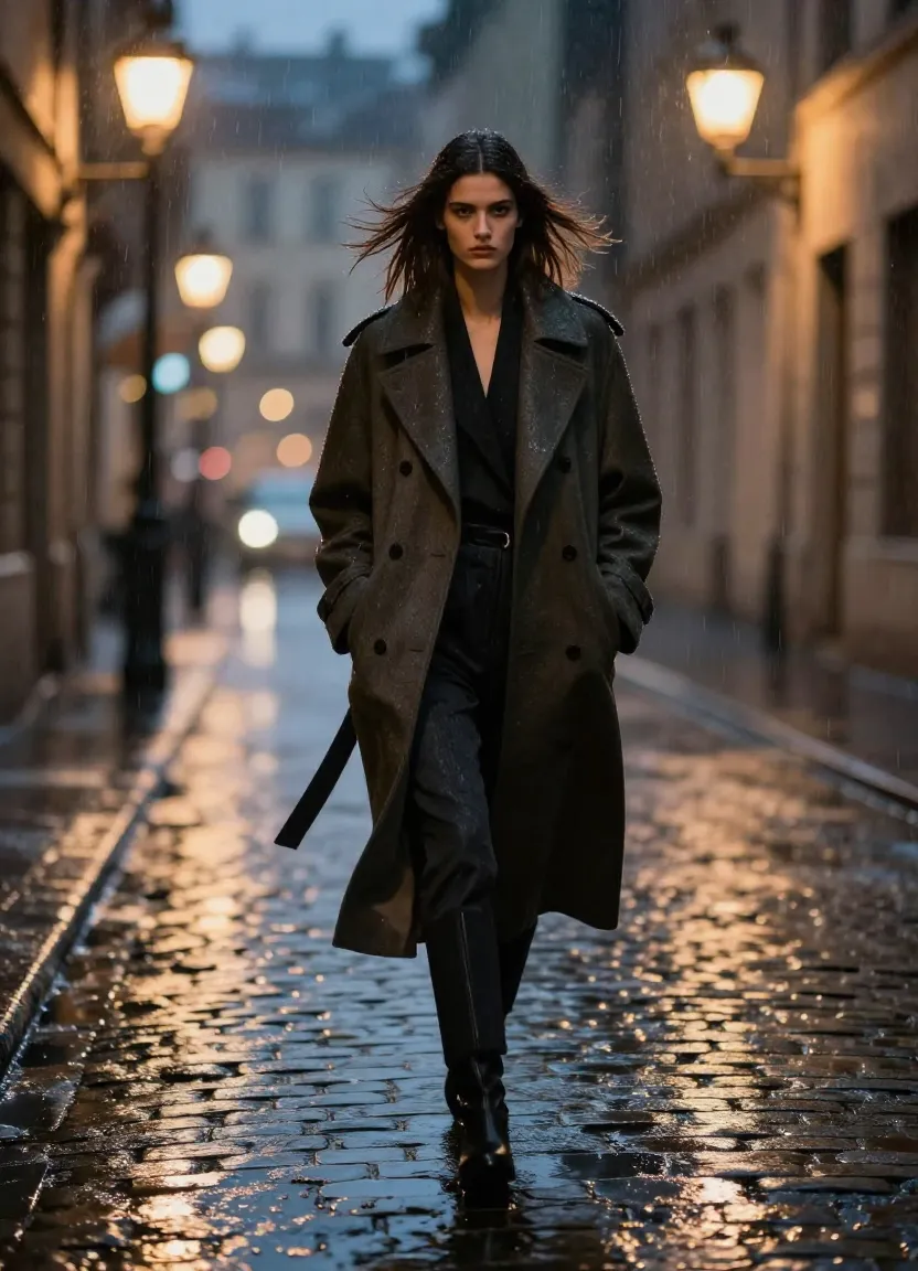 나노 바나나 2 AI가 생성한 고급 패션 에디토리얼 화보, 비 내리는 밤 자갈길과 네온사인의 반사