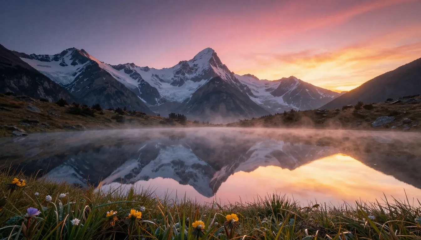 나노 바나나 2 AI가 생성한 장엄한 산악 풍경의 일출, 거울 같은 호수에 비친 풍경과 아침 안개