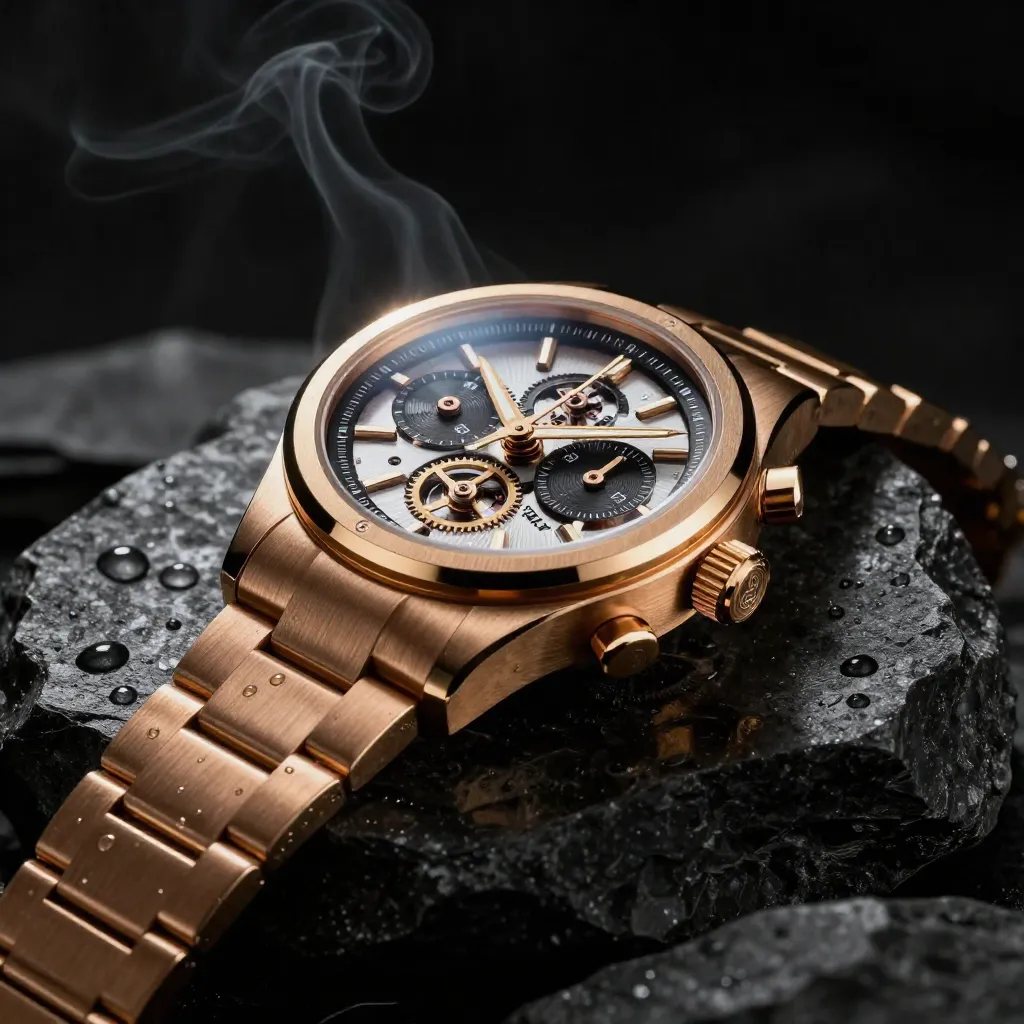나노 바나나 2 AI 생성 럭셔리 시계 제품 사진, 극적인 조명, 연기 효과, 어두운 배경
