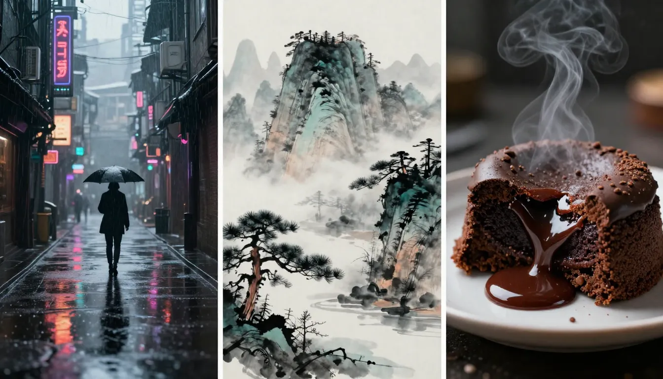 Nano Banana 2 Tekst-naar-afbeelding bewerkingsfunctie showcase — Drie afbeeldingen die zijn weergegeven op basis van dezelfde prompt in respectievelijk fotorealistische, digitale illustratie- en aquarelstijlen.