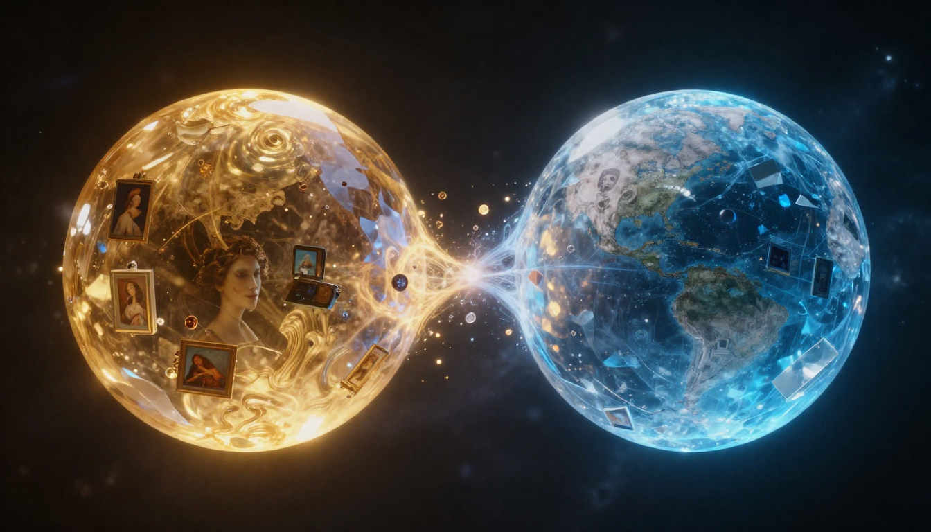 Two luminous crystal spheres in dark space — one warm golden and one cool blue — each containing swirling AI-generated art fragments, representing the NB2 vs DALL-E comparison