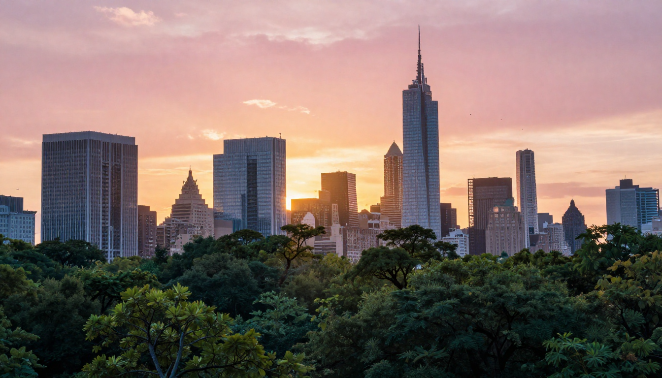 Surreal double exposure art blending a city skyline with a forest, where trees grow within skyscraper silhouettes against a sunset sky with birds in flight