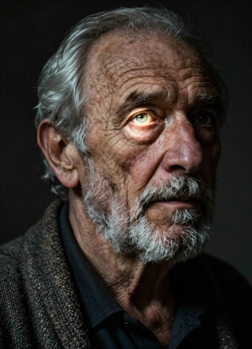 Hyper-realistic portrait of an elderly man with deeply lined face, dramatic Rembrandt chiaroscuro lighting, showing extraordinary detail in every wrinkle and silver hair strand