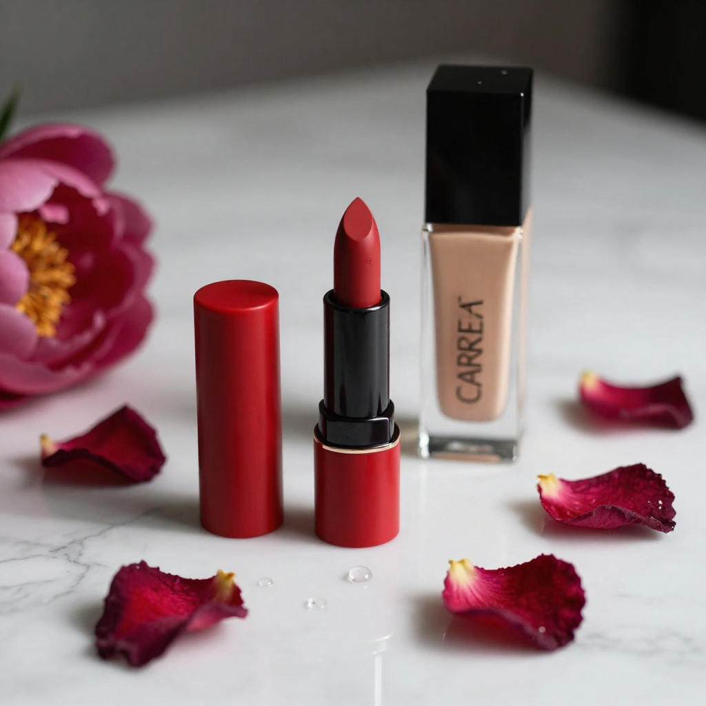 High-end cosmetics product arrangement on white marble with matte red lipstick, glass foundation bottle, rose petals, and water droplets in soft editorial lighting