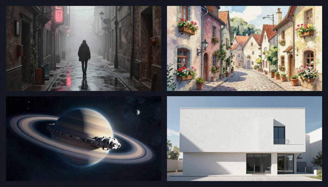 Four different AI-generated images showing moody street photography, watercolor village illustration, sci-fi space station, and minimalist architecture