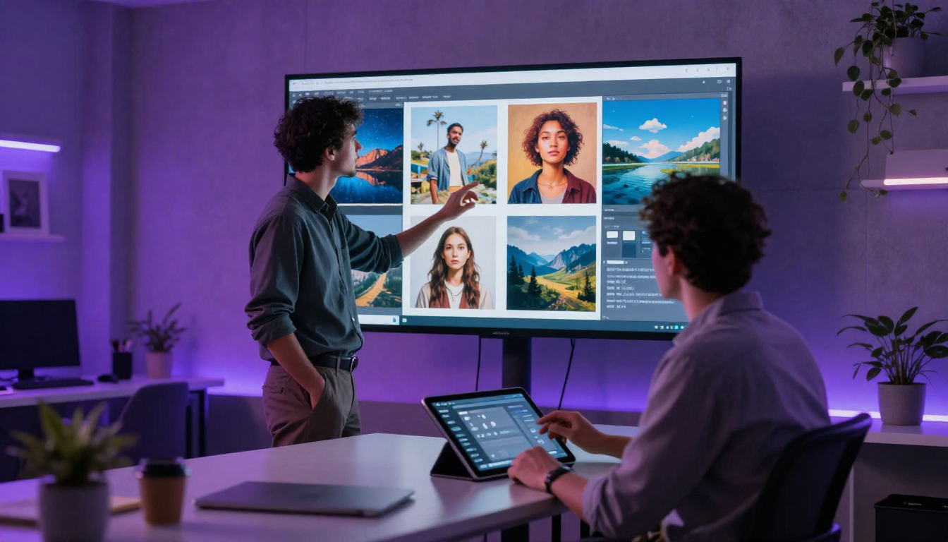 Two creative professionals collaborating in a modern design studio with AI-generated images displayed on a large wall-mounted screen, purple and blue ambient lighting
