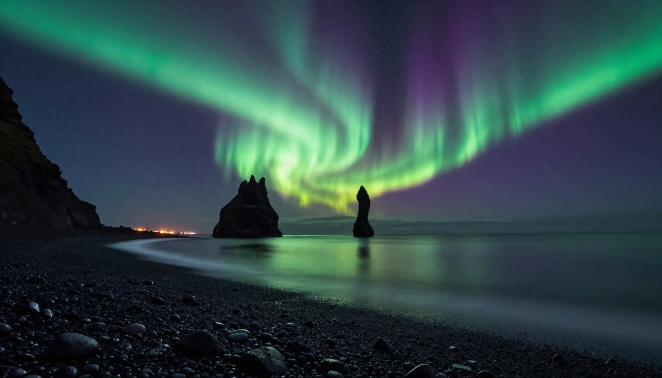 Majestic aurora borealis over an Icelandic black sand beach with green and purple lights reflected in wet volcanic sand, generated by Nano Banana 2