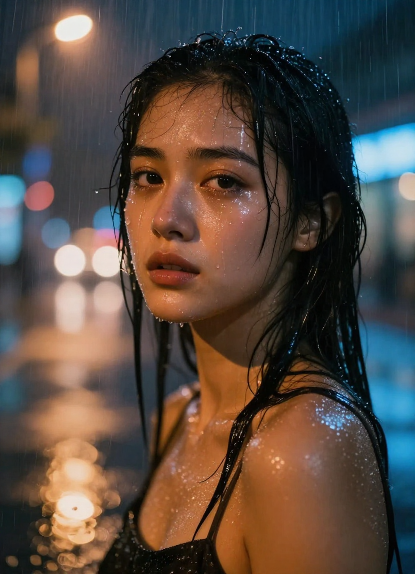 Ultra-realistic cinematic portrait of a woman in the rain at night with warm streetlight and cool neon lighting, generated by Nano Banana 2