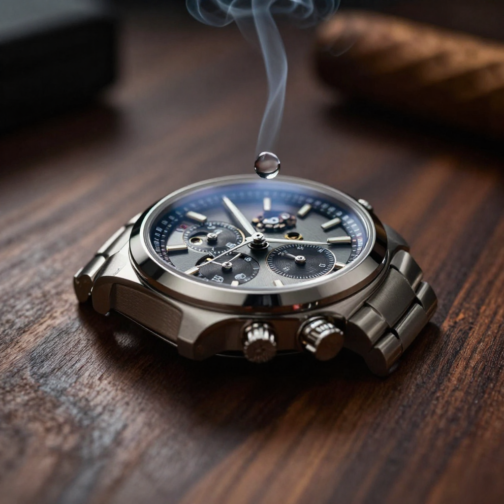 Luxury chronograph watch on dark walnut surface with dramatic side lighting, smoke effects, and extreme macro detail, generated by Nano Banana 2