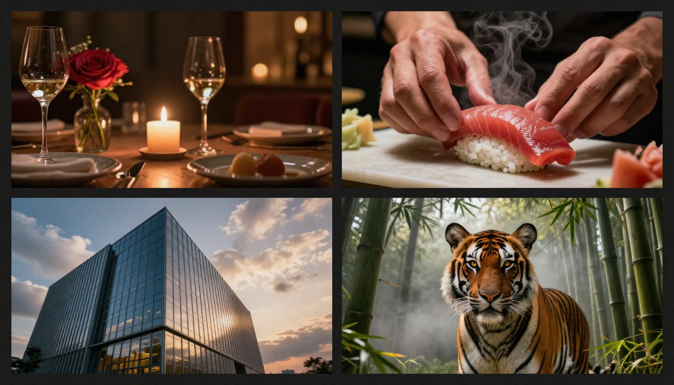 Four high-quality AI-generated images created with Prompt Generator assistance showing candlelit dinner, sushi preparation, modern architecture, and Bengal tiger in misty bamboo forest