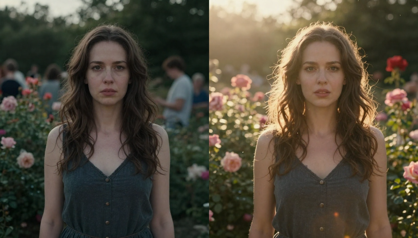 Side-by-side comparison showing a basic AI prompt result with flat lighting versus an optimized prompt result with cinematic golden hour backlighting and rich details