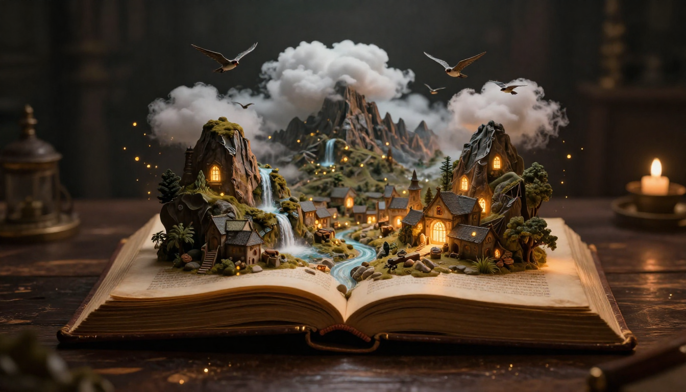 An ancient book lying open with a miniature three-dimensional fantasy world erupting from its glowing pages, representing the magic of text-to-image AI transforming words into visuals