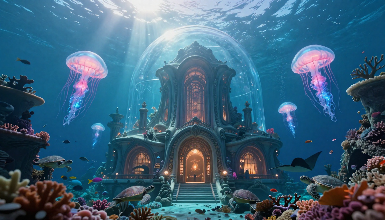 Stunning underwater fantasy city with coral architecture, bioluminescent jellyfish, and sunlight beams piercing through the ocean, generated by AI from a text description