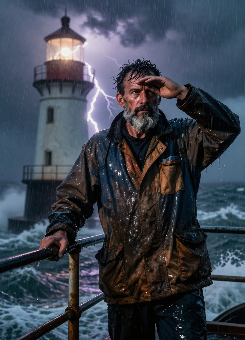 Dramatic cinematic portrait of a weathered lighthouse keeper illuminated by lightning during a storm, showing extreme detail and dramatic chiaroscuro lighting