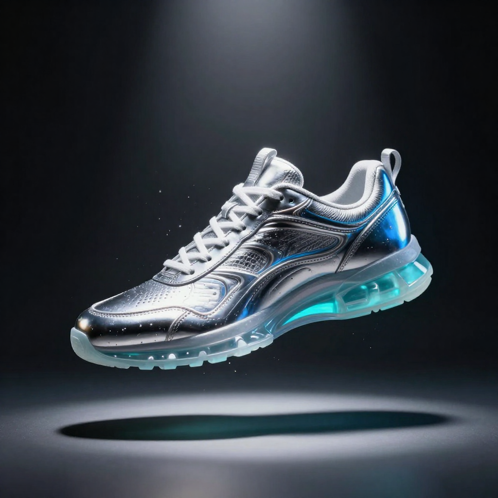 Futuristic concept sneaker with liquid metallic finish floating against a dark background with particle effects and dramatic spotlight, generated by AI