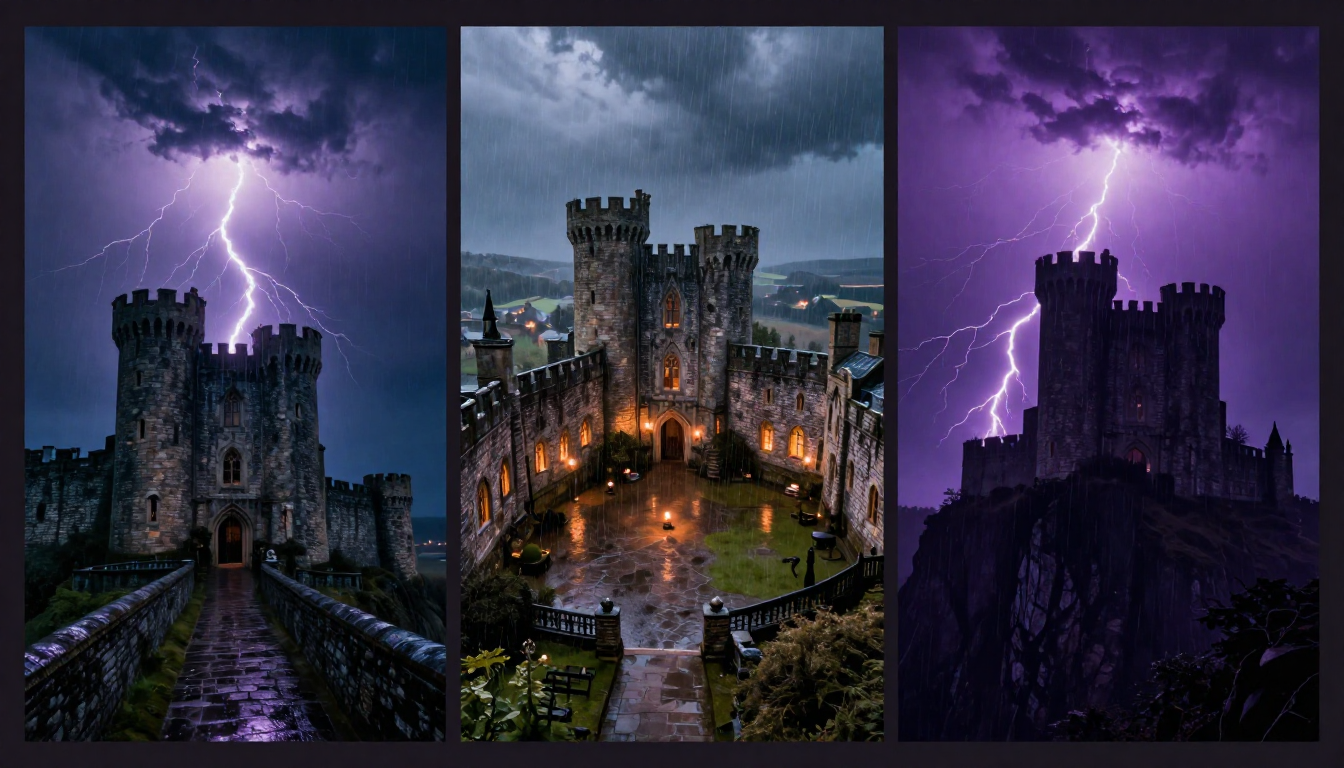 Three different AI-generated interpretations of a castle in a thunderstorm, each with unique composition and mood, demonstrating how the same prompt creates different results