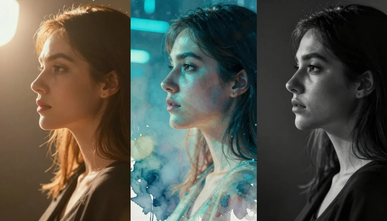 Nano Banana 2 AI 图片生成同一提示词四种风格对比，展示写实、数字艺术、水彩和动漫四种不同输出效果